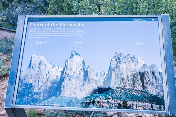 sign with Court of the Patriarchs image at the view point - Zion National Park Travel Guide | justonecookbook.com