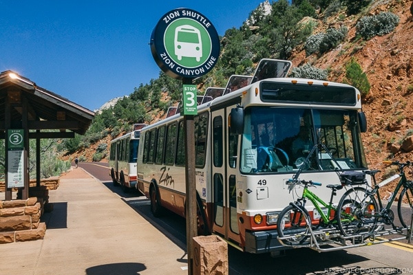 Zion shuttle in front of stop 3 on Canyon Line - Zion National Park Travel Guide | justonecookbook.com