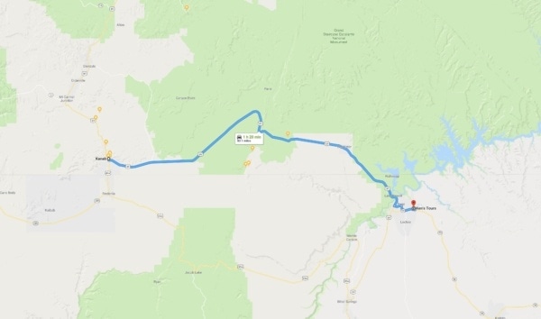 Google Maps from Kanab UT to Page AZ