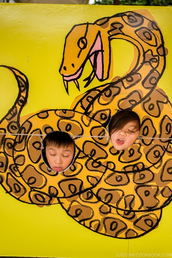 children behind a snack cutout - Okinawa World | justonecookbook.com