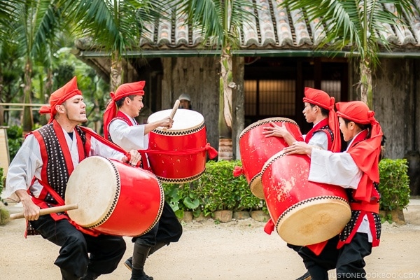 traditional Ryukyu dance performance with drums at Ryukyu Mura Okinawa | justonecookbook.com