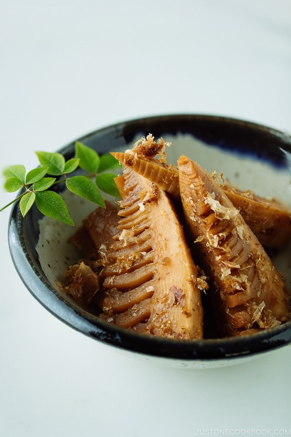 Simmered Bamboo Shoots in a handmade Japanese-style ceramic bowl.