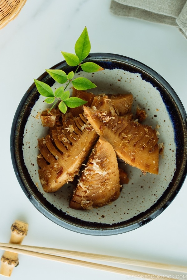 Simmered Bamboo Shoots in a handmade Japanese-style ceramic bowl.