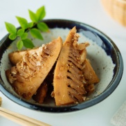 Simmered Bamboo Shoots in a handmade Japanese-style ceramic bowl.