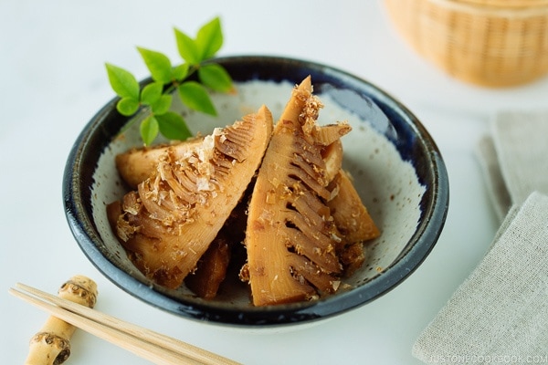 Simmered Bamboo Shoots in a handmade Japanese-style ceramic bowl.