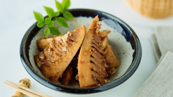 Simmered Bamboo Shoots in a handmade Japanese-style ceramic bowl.