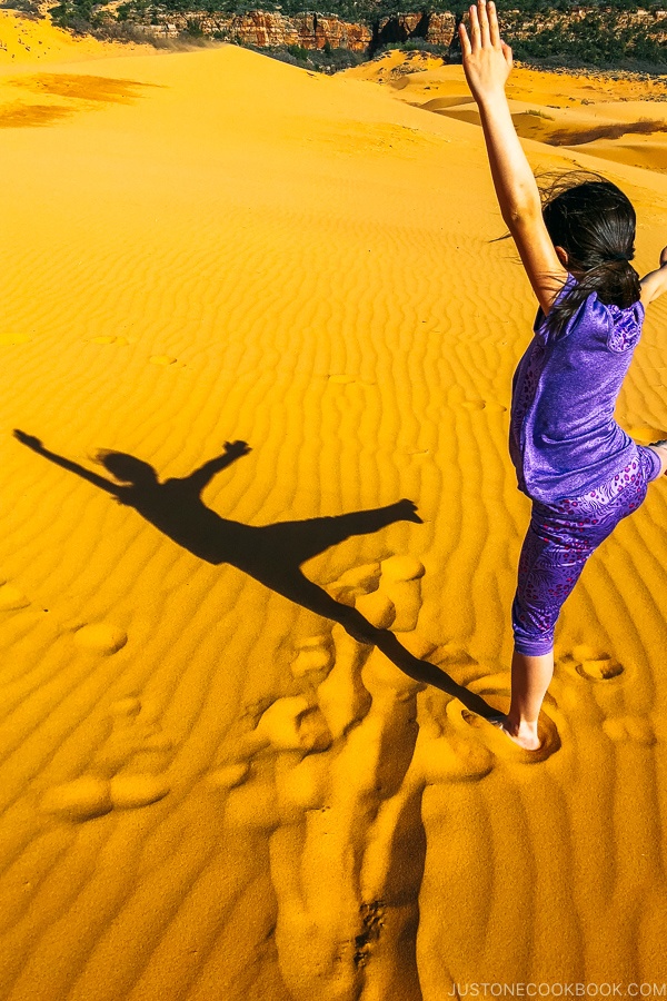 child playing in sand dune - Coral Pink Sand Dunes State Park | justonecookbook.com