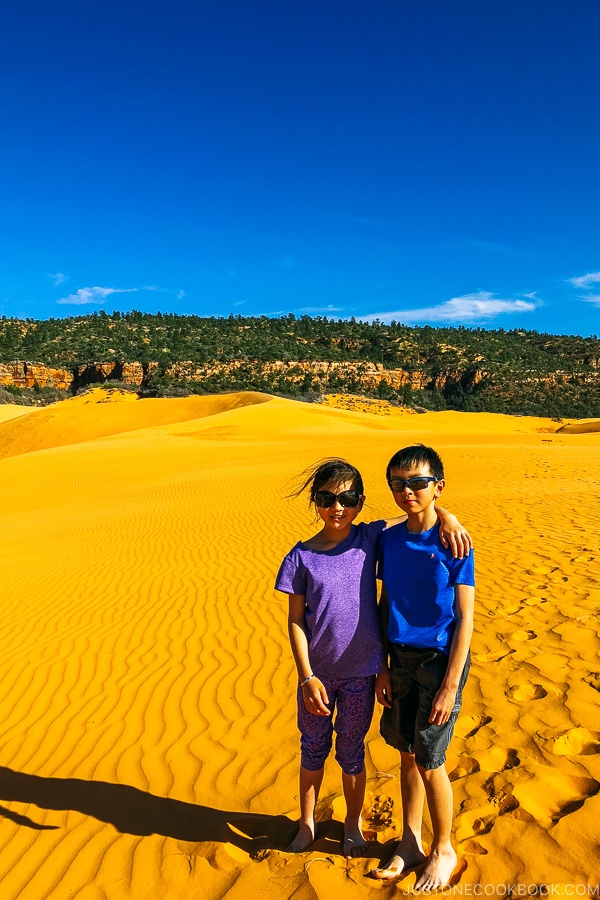 children standing in sand dune - Coral Pink Sand Dunes State Park | justonecookbook.com
