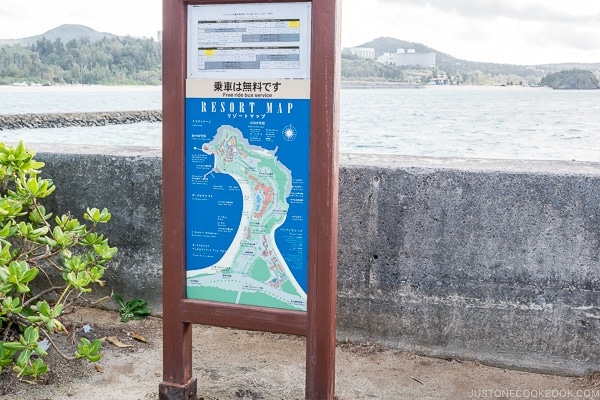 resort map sign next to the ocean - Okinawa Travel Guide | justonecookbook.com