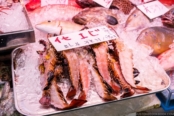 vendor selling seafood at First Makishi Public Market - Okinawa Travel Guide | justonecookbook.com