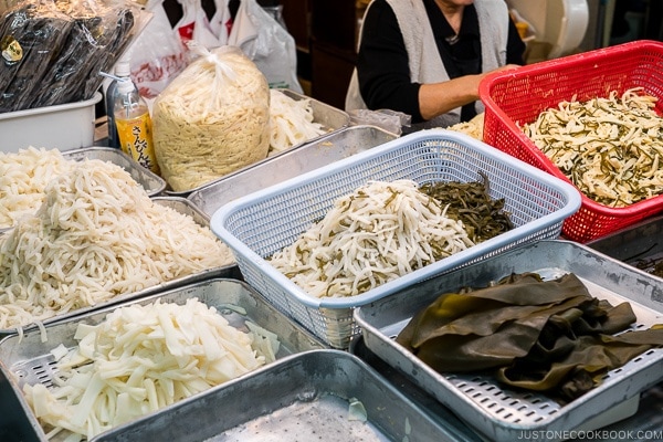 vendor selling dried food at First Makishi Public Market - Okinawa Travel Guide | justonecookbook.com