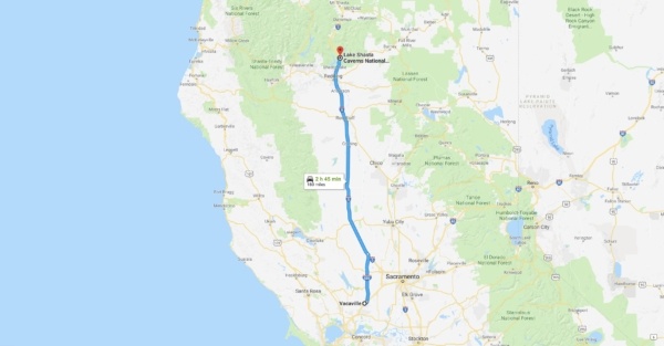 Google Maps Vacaville to Lake Shasta Caverns