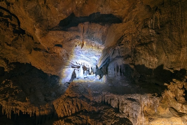 flashlight pointing out stalactites formation inside cave - Lake Shasta Caverns Travel Guide | justonecookbook.com