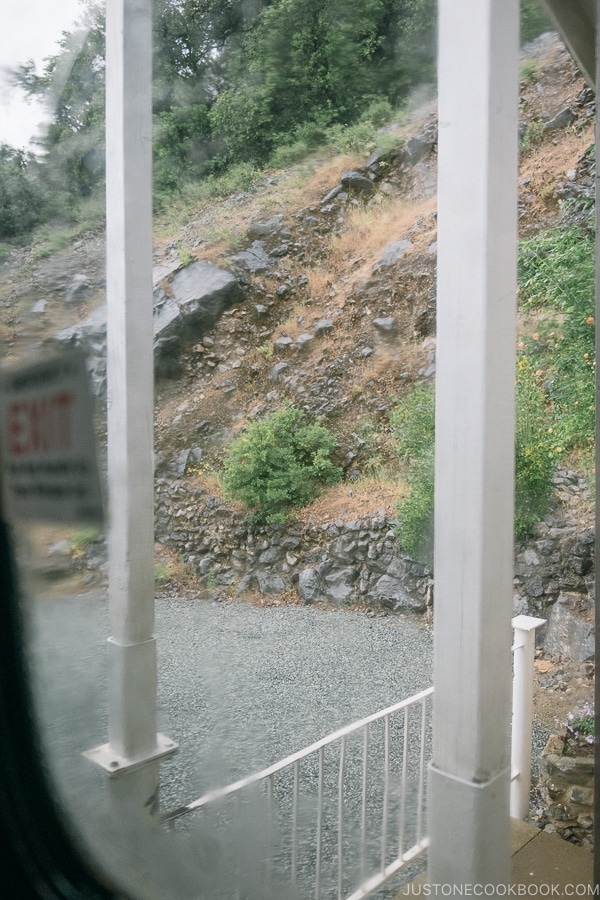 looking out the window on the bus to the caves - Lake Shasta Caverns Travel Guide | justonecookbook.com