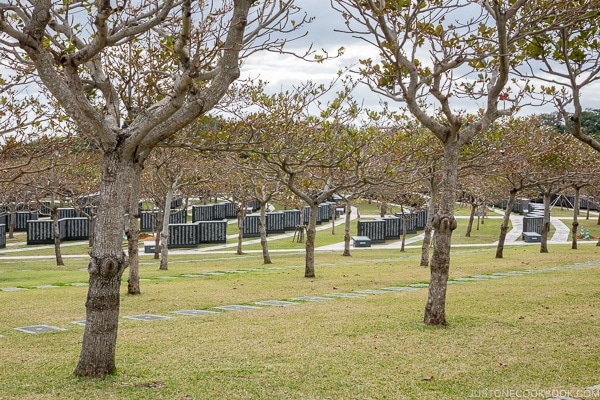 view of park and memorial monuments at Okinawa Prefectural Peace Memorial Museum - Okinawa Travel Guide | justonecookbook.com