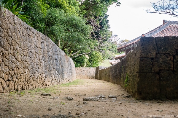 path and stone walls surrounded by trees at Shikinaen - Okinawa Travel Guide | justonecookbook.com