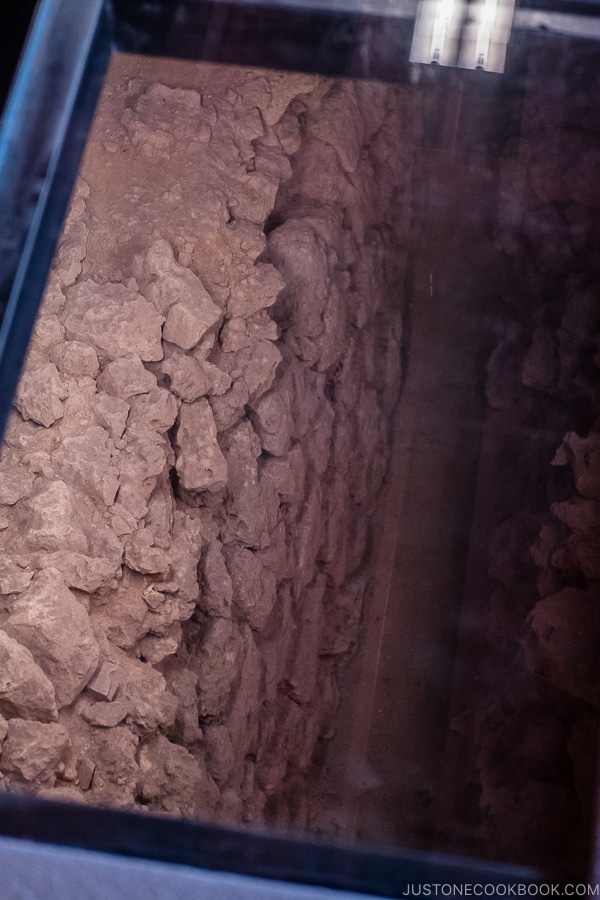 looking through glass bottom floor at original ruin Shuri Castle - Okinawa Travel Guide | justonecookbook.com