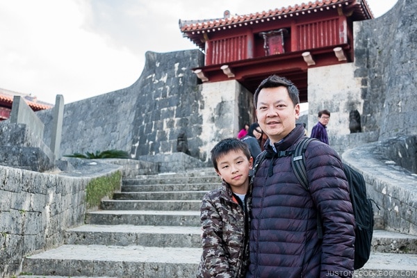 Just One Cookbook family on the steps at Shuri Castle - Okinawa Travel Guide | justonecookbook.com