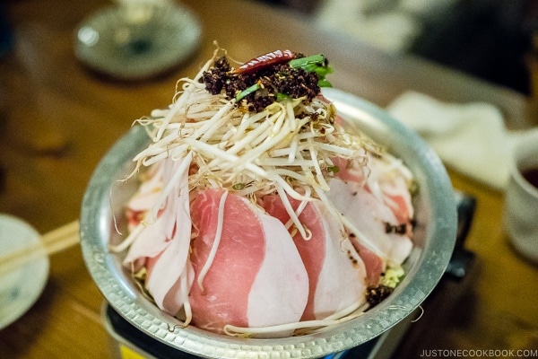spicy pork hotpot あぐー豚のラー油鍋 - Yoshizaki Cafeteria 吉崎食堂 Okinawa Travel Guide | justonecookbook.com