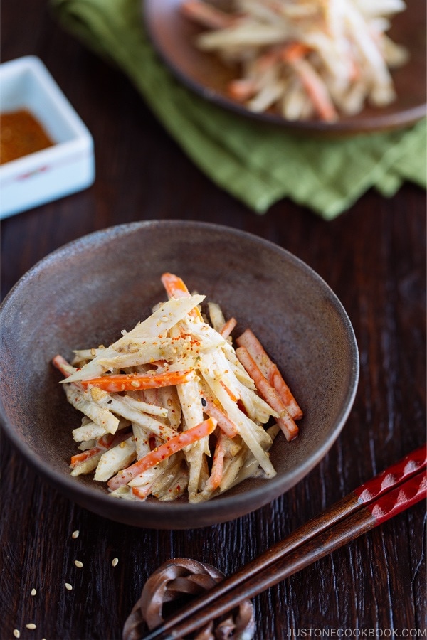 Gobo Salad (Burdock Root & Carrot Salad with Sesame Dressing) in Japanese bizen ceramic bowl.