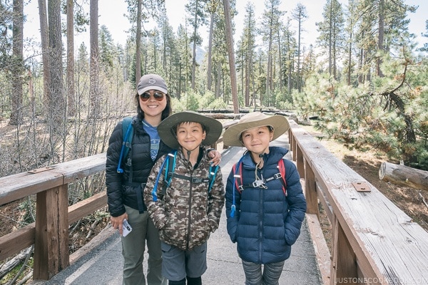 A female and two children standing on a wooden bridge