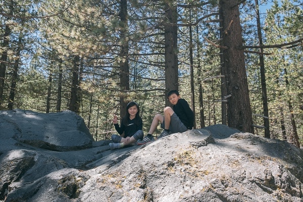 Just One Cookbook children on top of large boulder - Lassen Volcanic National Park Travel Guide | justonecookbook.com