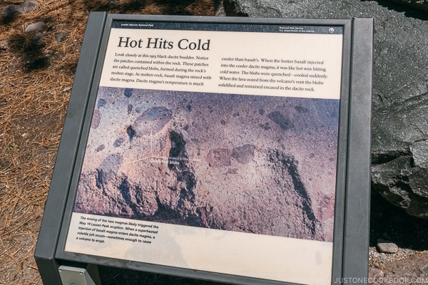 sign explaining quenched blobs lava rock - Lassen Volcanic National Park Travel Guide | justonecookbook.com