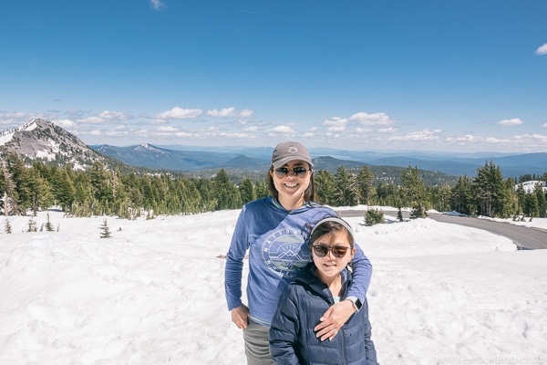 Nami and child on snow near Kings Creek - Lassen Volcanic National Park Travel Guide | justonecookbook.com