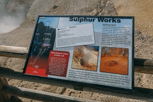 Sulphur Work mud pots sign - Lassen Volcanic National Park Travel Guide | justonecookbook.com