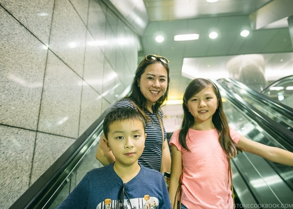 Just One Cookbook family on escalator in Shinjuku Station - Shinjuku Travel Guide | justonecookbook.com