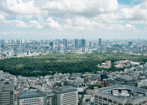 view of Tokyo skyline and park from Tokyo Metropolitan Government Building - Shinjuku Travel Guide | justonecookbook.com
