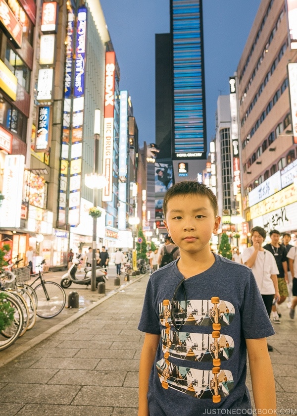 Just One Cookbook child in front of TOHO Cinemas Shinjuku - Shinjuku Travel Guide | justonecookbook.com