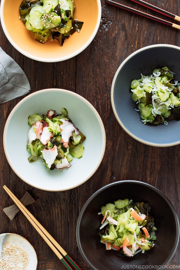 Sunomono (Japanese Cucumber Salad) 4 ways (classic, octopus, baby anchovies, or crab).