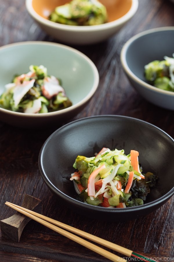 Sunomono (Japanese Cucumber Salad) 4 ways (classic, octopus, baby anchovies, or crab).