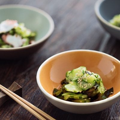 Sunomono (Japanese Cucumber Salad) 4 ways (classic, octopus, baby anchovies, or crab).