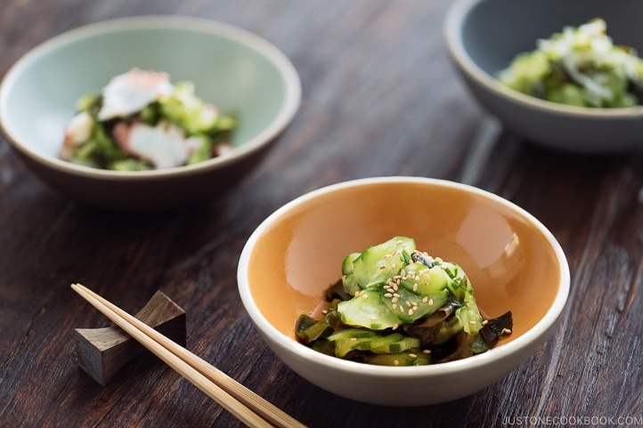 Sunomono (Japanese Cucumber Salad) 4 ways (classic, octopus, baby anchovies, or crab).