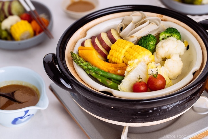 Steamed vegetables in a Japanese earthenware pot, donabe.