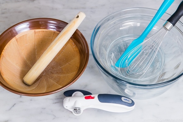 Mixing bowls and whisk.