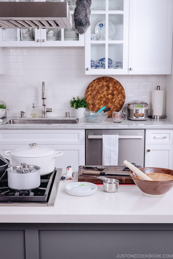 Kitchen equipped for cooking Japanese food.