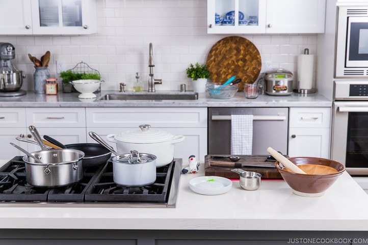 Kitchen equipped for cooking Japanese food.