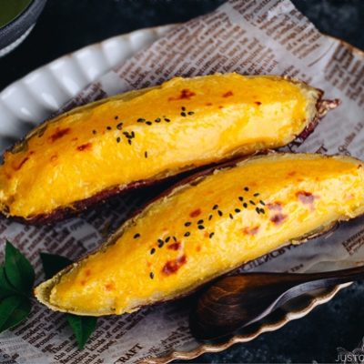 Creamy and silky Japanese sweet potato puree encased in the sweet potato shell baked to perfection.