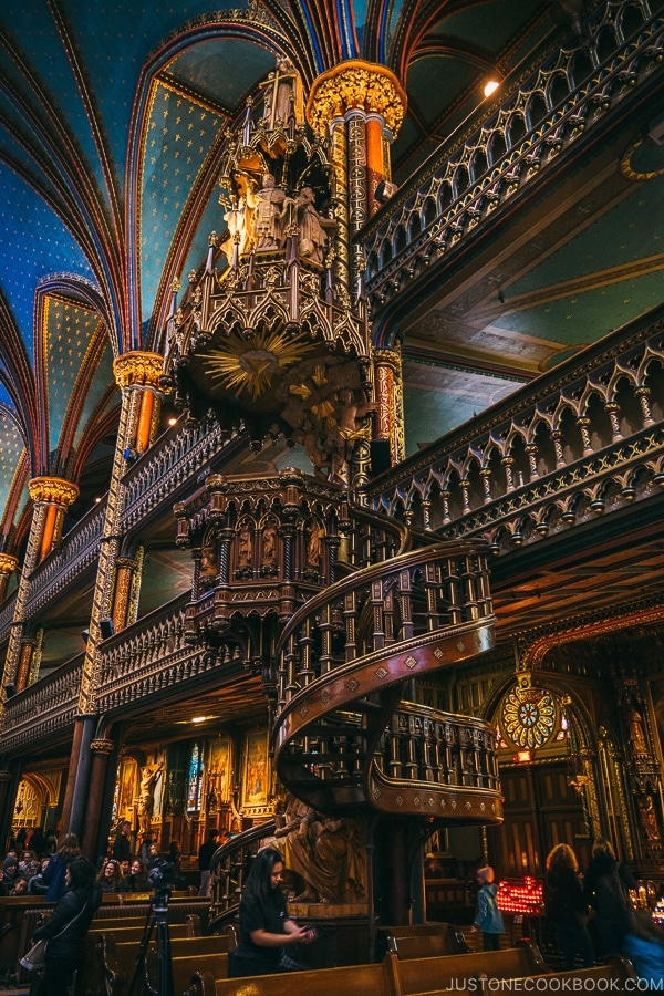 wooden staircase at Notre-Dame Basilica of Montreal - Montreal Travel Guide | www.justonecookbook.com