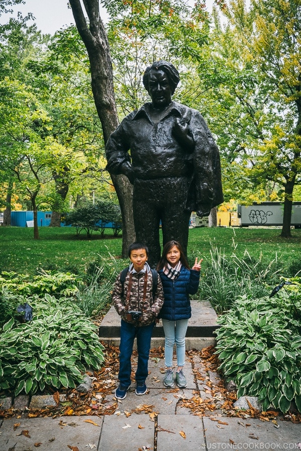 Just One Cookbook children in front of Statue de Félix Leclerc at Parc La Fontaine - Montreal Travel Guide | www.justonecookbook.com