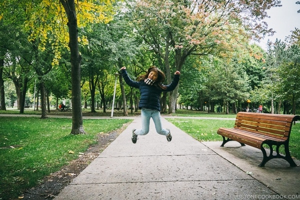 Just One Cookbook child jumping at Parc La Fontaine - Montreal Travel Guide | www.justonecookbook.com