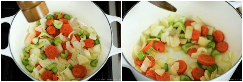 seasoning vegetables in a white pot