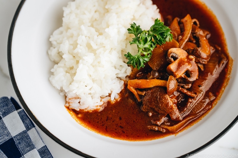 Hayashi Rice (Hashed Beef) served over rice.