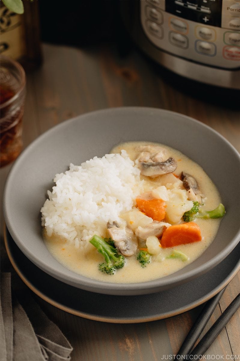 A gray bowl containing Japanese Cream Stew (White Stew) with chicken and vegetables in a savory thick white sauce.