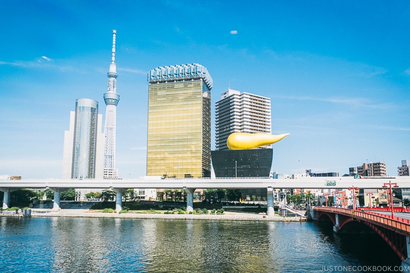 Looking at Asahi beer tower and art square across Azuma Bridge - Tokyo Asakusa Travel Guide | www.justonecookbook.com