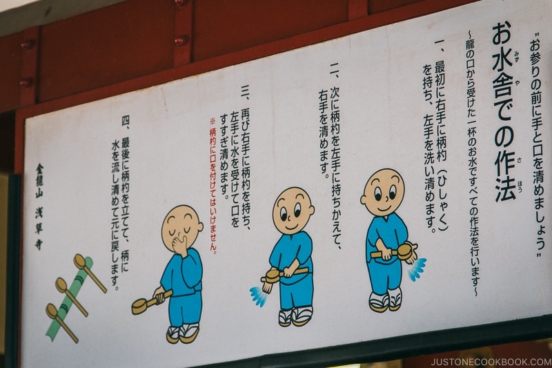 sign explaining how to clean hands at omizuya near Sensoji - Tokyo Asakusa Travel Guide | www.justonecookbook.com