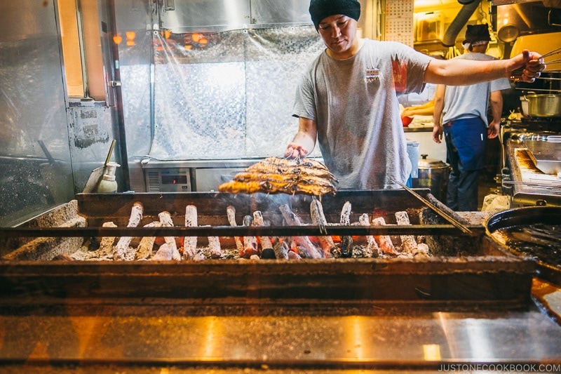 eels bring grilled over charcoal at Hitsumabushi Restaurant - Tokyo Skytree Guide | www.justonecookbook.com